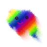 A rainbow-colored splotch with droopy facial features.